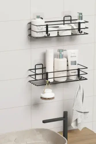 Adhesive 2-Piece Set Bathroom Shelf Shower Shampoo Holder Wall Organizer - ZABATA (1)