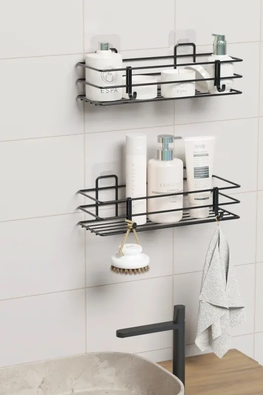 Adhesive 2-Piece Set Bathroom Shelf Shower Shampoo Holder Wall Organizer - 2