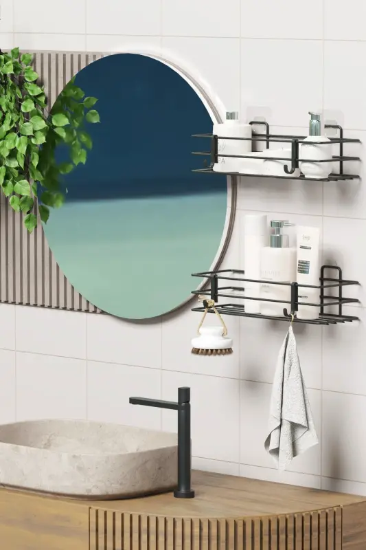 Adhesive 2-Piece Set Bathroom Shelf Shower Shampoo Holder Wall Organizer - 5
