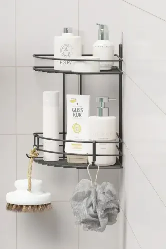 Adhesive 2 Tier Bathroom Corner Shelf Corner Rack Shower Shampoo Holder Wall Organizer Shelf - ZABATA (1)
