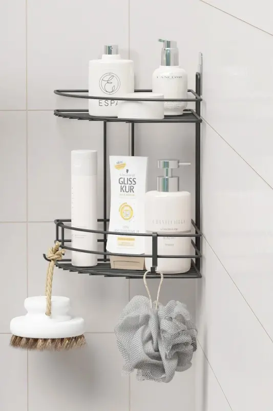 Adhesive 2 Tier Bathroom Corner Shelf Corner Rack Shower Shampoo Holder Wall Organizer Shelf - 2
