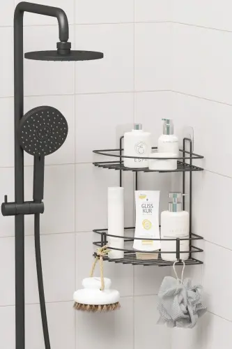 Adhesive 2 Tier Bathroom Corner Shelf Corner Rack Shower Shampoo Holder Wall Organizer Shelf - 4