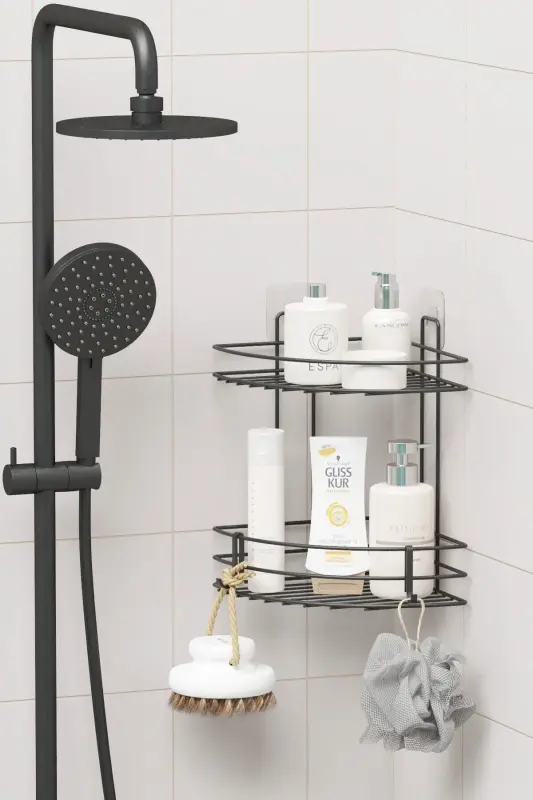 Adhesive 2 Tier Bathroom Corner Shelf Corner Rack Shower Shampoo Holder Wall Organizer Shelf - 4
