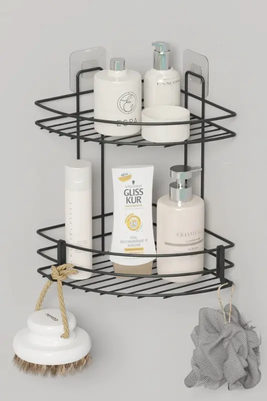 Adhesive 2 Tier Bathroom Corner Shelf Corner Rack Shower Shampoo Holder Wall Organizer Shelf - ZABATA