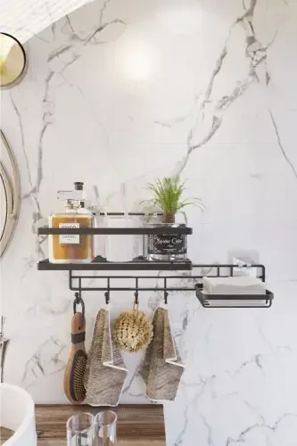 Adhesive 4 Hook Bathroom Shelf and Soap Dish Bathroom Organizer Hanging Bathroom Organizer - 3