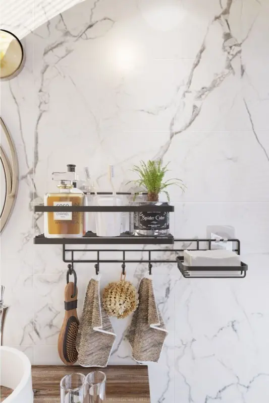 Adhesive 4 Hook Bathroom Shelf and Soap Dish Bathroom Organizer Hanging Bathroom Organizer - 4