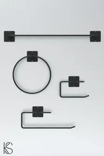 Adhesive 4-Piece Black Bathroom Set Long Towel Rack Roll - 1