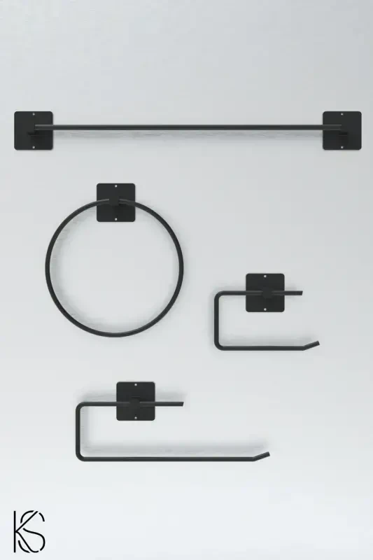 Adhesive 4-Piece Black Bathroom Set Long Towel Rack Roll - 1