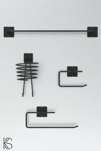 Adhesive 4-piece Black Hair Dryer Holder Towel Hanger - 1
