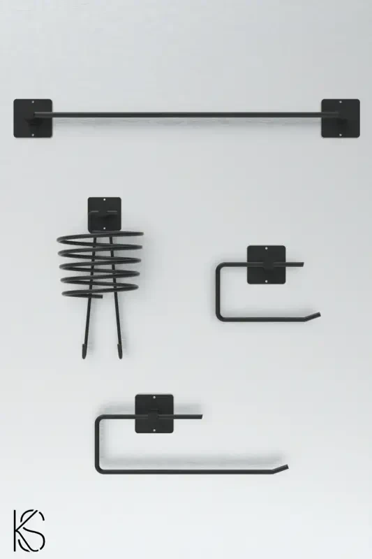 Adhesive 4-piece Black Hair Dryer Holder Towel Hanger - KILINÇ STORE