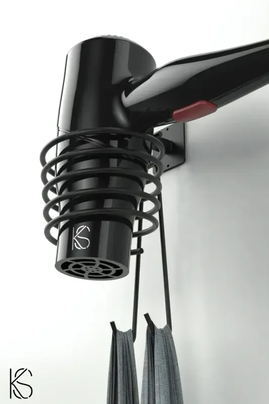 Adhesive 4-piece Black Hair Dryer Holder Towel Hanger - 3