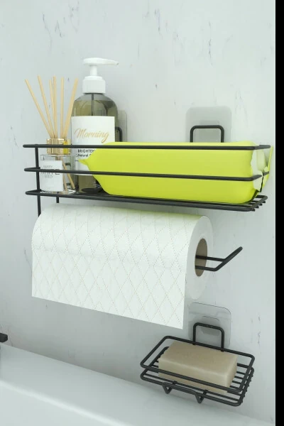 Adhesive Bathroom Shelf Paper Towel Holder And Metal Soap Dish Set Organizer - ZABATA
