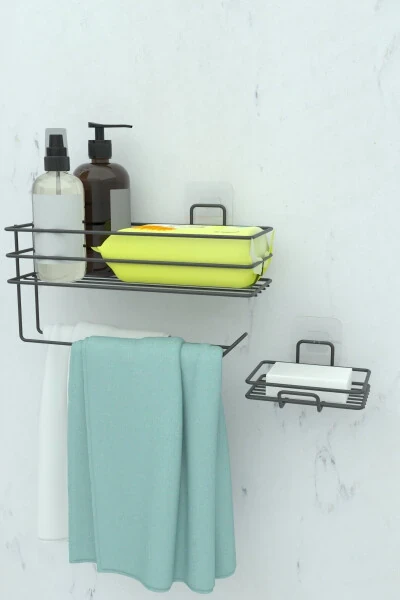 Adhesive Bathroom Shelf Paper Towel Holder And Metal Soap Dish Set Organizer - ZABATA (1)