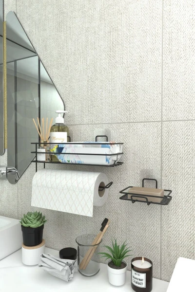 Adhesive Bathroom Shelf Paper Towel Holder And Metal Soap Dish Set Organizer - 3