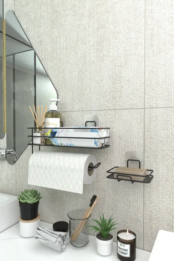 Adhesive Bathroom Shelf Paper Towel Holder And Metal Soap Dish Set Organizer - 3
