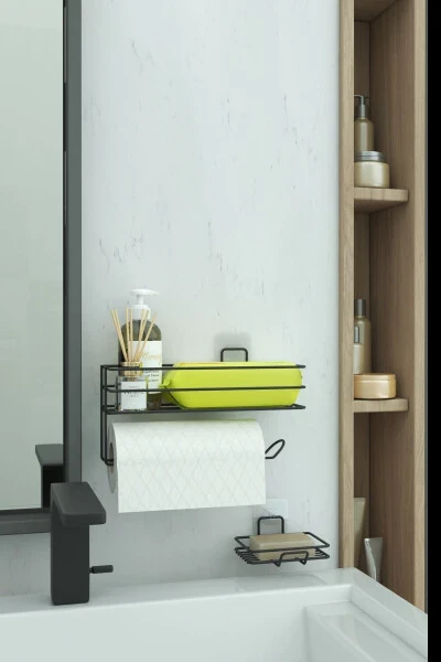 Adhesive Bathroom Shelf Paper Towel Holder And Metal Soap Dish Set Organizer - 4