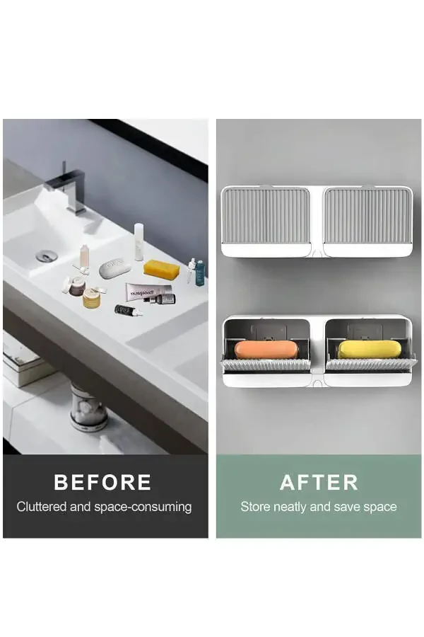 Adhesive Double Compartment Soap Dish with Lid, Self-Draining, Waterproof Solid Soap Holder Soap Box - 3