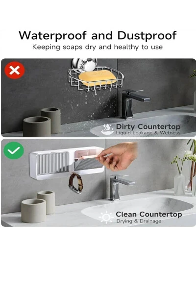 Adhesive Double Compartment Soap Dish with Lid, Self-Draining, Waterproof Solid Soap Holder Soap Box - 4
