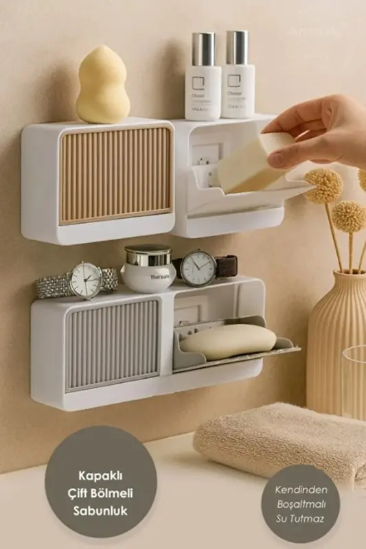 Adhesive Double Compartment Soap Dish with Lid, Self-Draining, Waterproof Solid Soap Holder Soap Box - KITCHEN BEAUTY