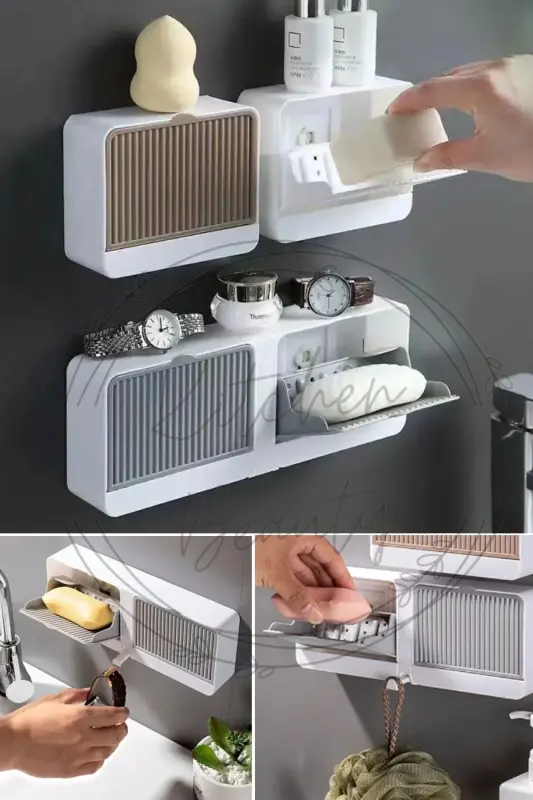 Adhesive Double Compartment Soap Dish with Lid, Self-Draining, Waterproof Solid Soap Holder Soap Box - 2