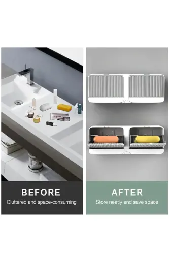Adhesive Double Compartment Soap Dish with Lid, Self-Draining, Waterproof Solid Soap Holder Soap Box - 4