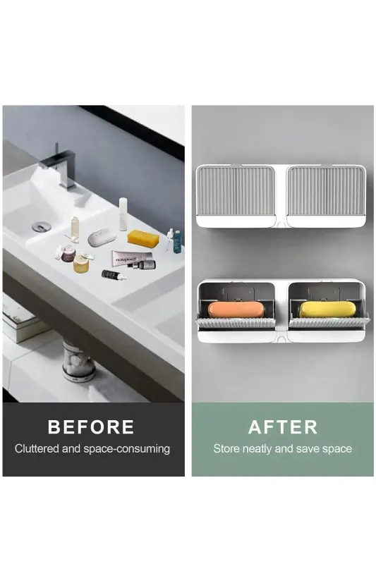 Adhesive Double Compartment Soap Dish with Lid, Self-Draining, Waterproof Solid Soap Holder Soap Box - 4