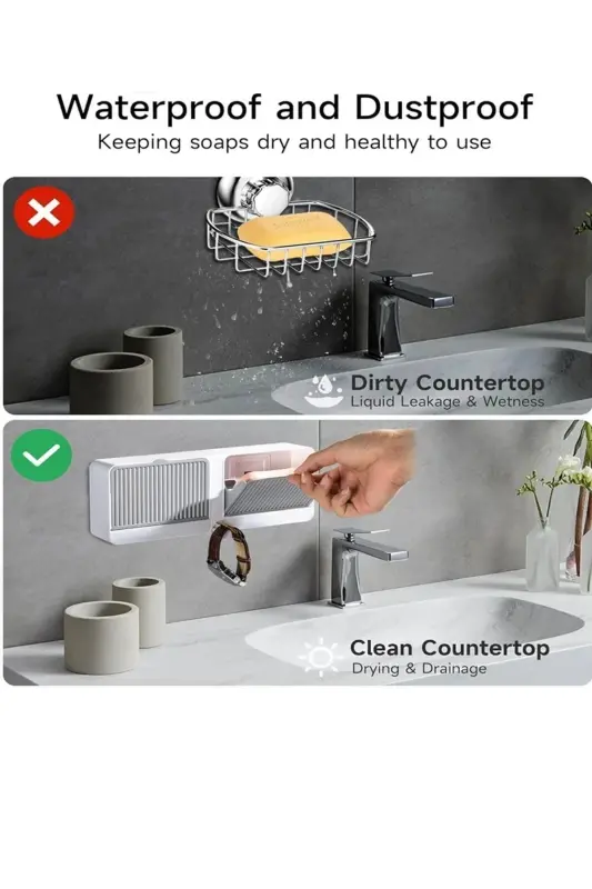 Adhesive Double Compartment Soap Dish with Lid, Self-Draining, Waterproof Solid Soap Holder Soap Box - 5