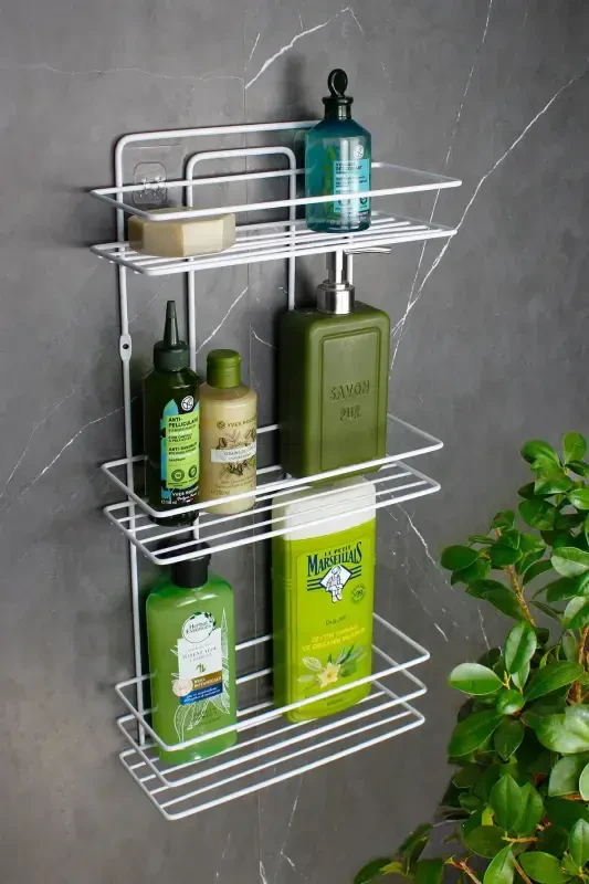 Adhesive Economic Stainless Bathroom Corner Shelf Hanger Organizer Triple Corner Shower Rack Shampoo Holder-WHITE - 2