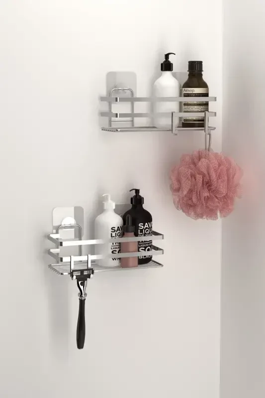 Adhesive Hooked Shampoo Rack 2 Pcs Bathroom Shelf Silver St281h-Gray - 1