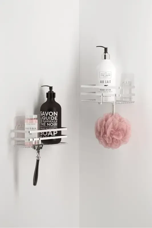 Adhesive Hooked Shampoo Rack 2 Pcs Bathroom Shelf Silver St281h-Gray - 2