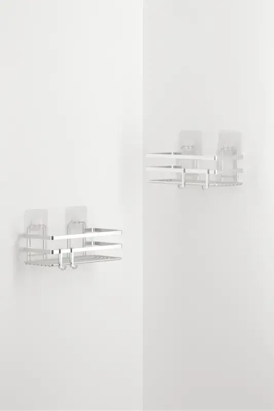 Adhesive Hooked Shampoo Rack 2 Pcs Bathroom Shelf Silver St281h-Gray - 3
