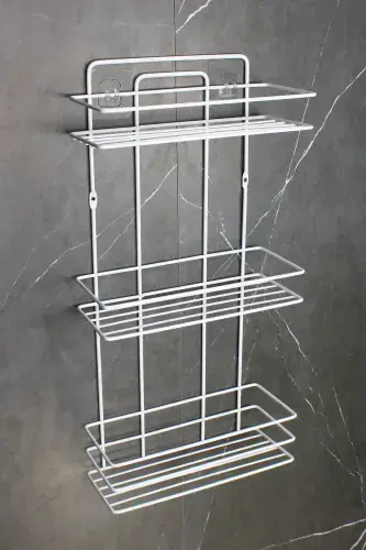 Adhesive Stainless Metal Thermoplastic Coated Bathroom Corner Shower Shelf Shampoo Holder with Sponge Hanger-WHITE with Sponge Hanger - HIMY SHOP (1)