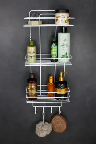 Adhesive Stainless Metal Thermoplastic Coated Bathroom Corner Shower Shelf Shampoo Holder with Sponge Hanger-WHITE with Sponge Hanger - 4