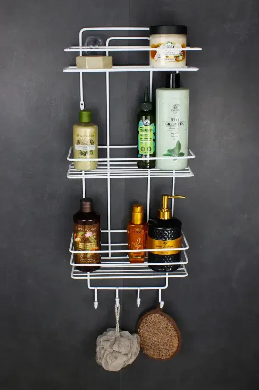 Adhesive Stainless Metal Thermoplastic Coated Bathroom Corner Shower Shelf Shampoo Holder with Sponge Hanger-WHITE with Sponge Hanger - 4