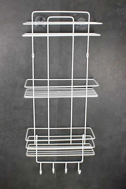 Adhesive Stainless Metal Thermoplastic Coated Bathroom Corner Shower Shelf Shampoo Holder with Sponge Hanger-WHITE with Sponge Hanger - 5