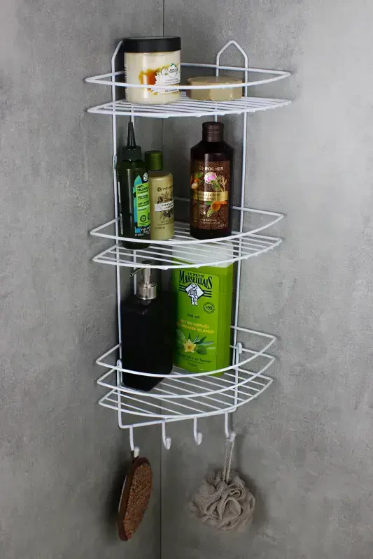 Adhesive Stainless Steel Thermoplastic Coated Bathroom Corner Shower Shelf Shampoo Holder-WHITE - 3