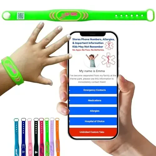 Adjustable Kids ID Bracelet – NFC Smart Safety Band with “Tap Here” Logo, Child ID Wristband for Nonverbal Kids & Medical Info, Waterproof Silicone, Not GPS, No Subscription - 1