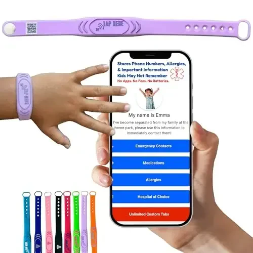 Adjustable Kids ID Bracelet – NFC Smart Safety Band with “Tap Here” Logo, Child ID Wristband for Nonverbal Kids & Medical Info, Waterproof Silicone, Not GPS, No Subscription - MODAZONE