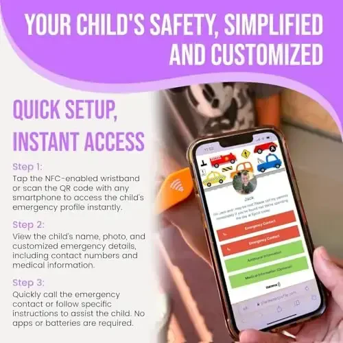 Adjustable Kids ID Bracelet – NFC Smart Safety Band with “Tap Here” Logo, Child ID Wristband for Nonverbal Kids & Medical Info, Waterproof Silicone, Not GPS, No Subscription - 4