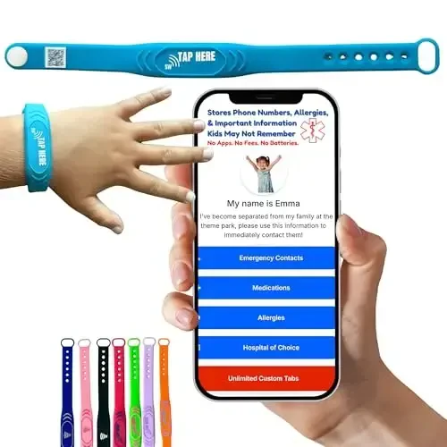 Adjustable Kids ID Bracelet – NFC Smart Safety Band with “Tap Here” Logo, Child ID Wristband for Nonverbal Kids & Medical Info, Waterproof Silicone, Not GPS, No Subscription - MODAZONE