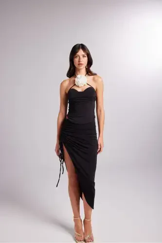 Adjustable Ruched Midi Poena Skirt Black - HOLLY LOLLY (1)