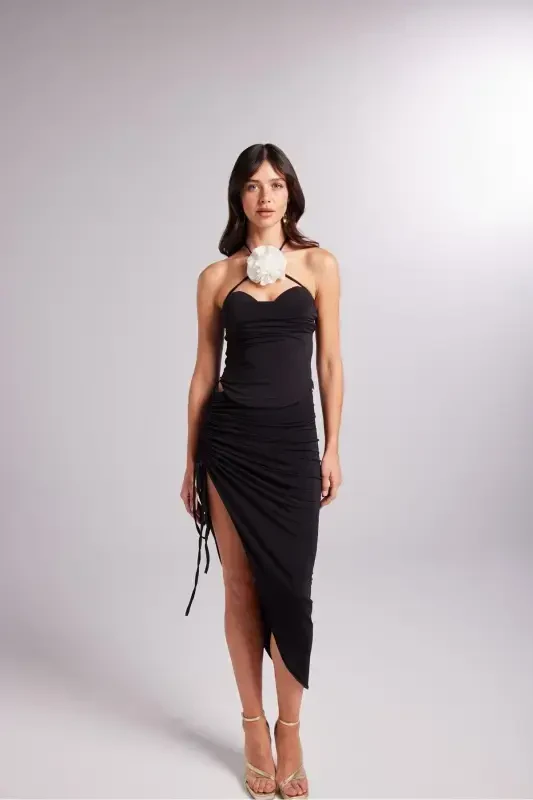 Adjustable Ruched Midi Poena Skirt Black - 2