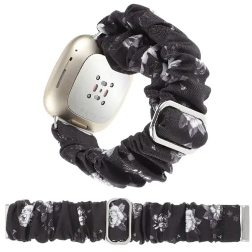 Adjustable Scrunchies Bands Compatible with Fitbit Versa 3/Versa 4/Sense/Sense 2 Bands for Women,Stretchy Wristband Comfy Elastic Scrunchy Smart Watch Band Soft Cloth Fabric Strap - ADJUSTABLE