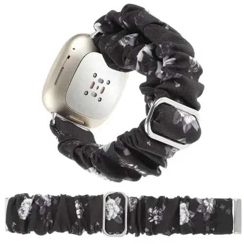 Adjustable Scrunchies Bands Compatible with Fitbit Versa 3/Versa 4/Sense/Sense 2 Bands for Women,Stretchy Wristband Comfy Elastic Scrunchy Smart Watch Band Soft Cloth Fabric Strap - 1