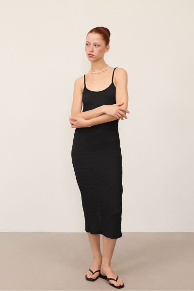 Adjustable Strap Textured Midi Dress E15909- - 6