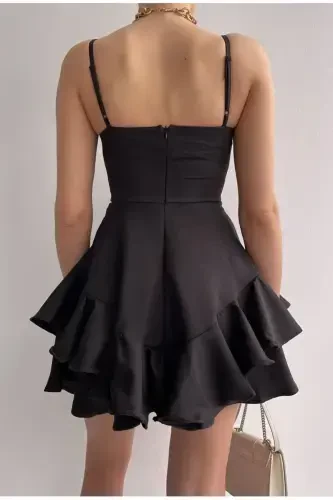 Adjustable Thin Strap Skirt with Layer Detail Black Evening Dress & Black Graduation Dress 102-BLACK EVENING DRESS 102 - 3