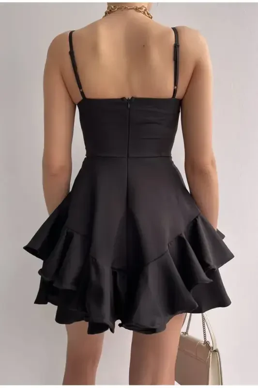 Adjustable Thin Strap Skirt with Layer Detail Black Evening Dress & Black Graduation Dress 102-BLACK EVENING DRESS 102 - 3