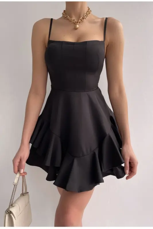 Adjustable Thin Strap Skirt with Layer Detail Black Evening Dress & Black Graduation Dress 102-BLACK EVENING DRESS 102 - 10