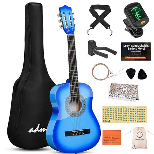 ADM Başlangıç Akustik Klasik Gitar 34 İnç Naylon Telleri Ahşap Gitar Paketi Çocuklar Erkek Kız Öğrenci Gençlik Gitarra Gig Çantası, Askı, Akort Aleti, Teller, Penalar, Mavi - 1