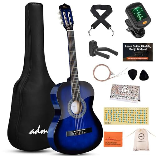 ADM Başlangıç Akustik Klasik Gitar 38 İnç Naylon Telleri Ahşap Gitar Paketi Çocuklar Çocuk Kız Öğrenci Gençlik Gitarra Online Dersler Gig Çantası, Kayış, Akort Aleti, Teller, Mavi - 1